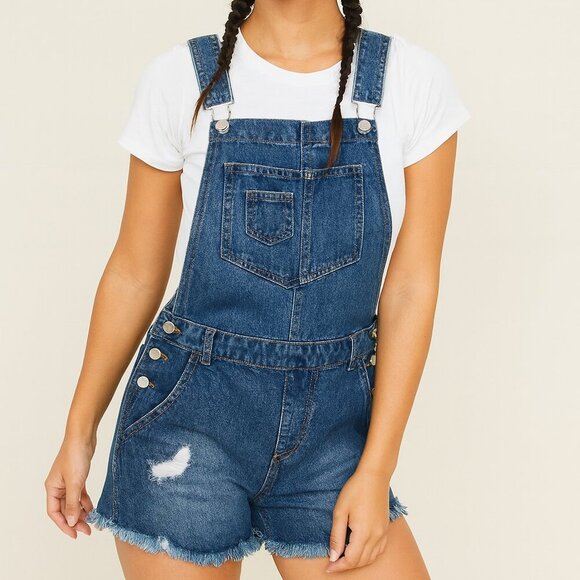 Love Tree Distressed Denim Short Overalls with Frayed Hem – Trendy Teen Style - Picture 1 of 16